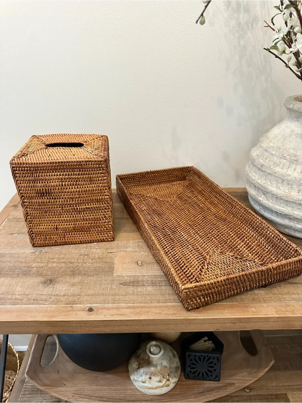 Woven Rattan Tissue Box Holder Cover & Tray Set - Natural Earthy Brown Classy